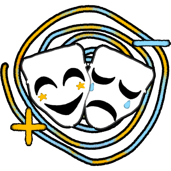 two theater masks: one happy and one sad. The happy mask has yellow stars on their cheeks and the sad mask has blue teardrops,  Both are set against a swirling background of yellow and blue. next to the sad mask is a blue minus sign and next to the happy mask is a yellow plus sign.